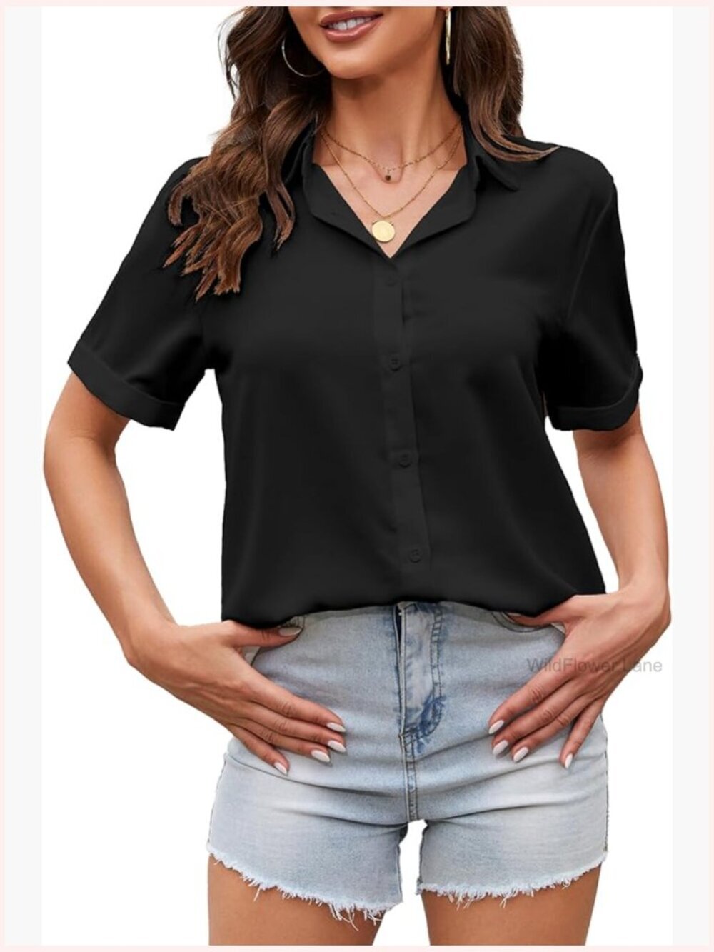 Women's Short Sleeve Button Down Blouse Office Chiffon Tops